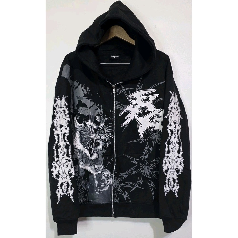 NEW Heavens Gate Men XL Hooded Zip Jacket Black Goth Tiger Y2K Grunge Streetwear